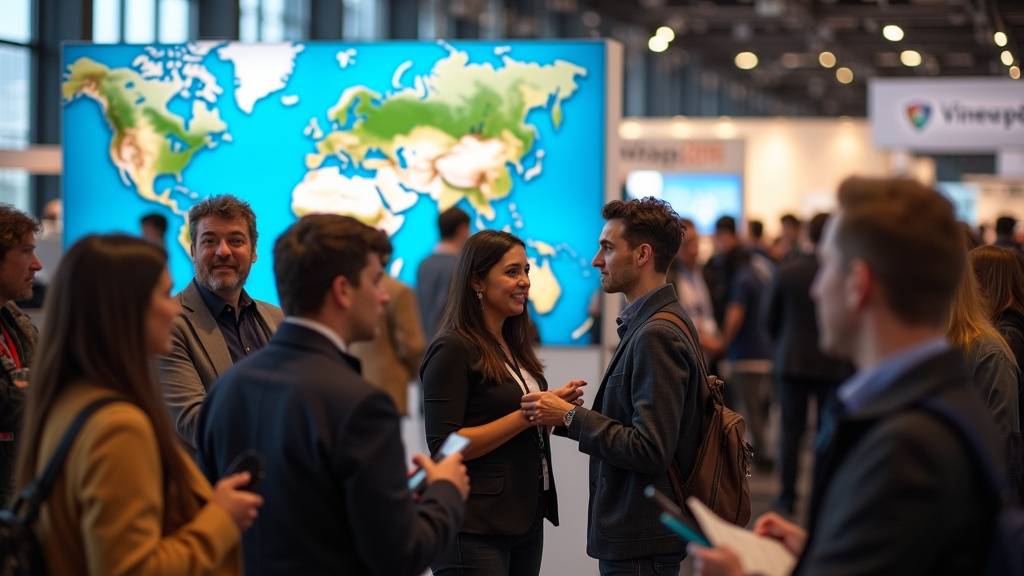 Salon de blogueurs voyage avec des professionnels du tourisme et des créateurs de contenu en discussion