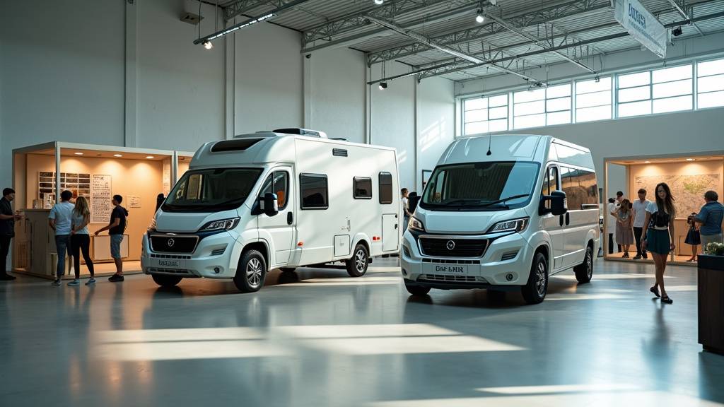 Visiteurs découvrant des vans et camping-cars lors d'un salon régional