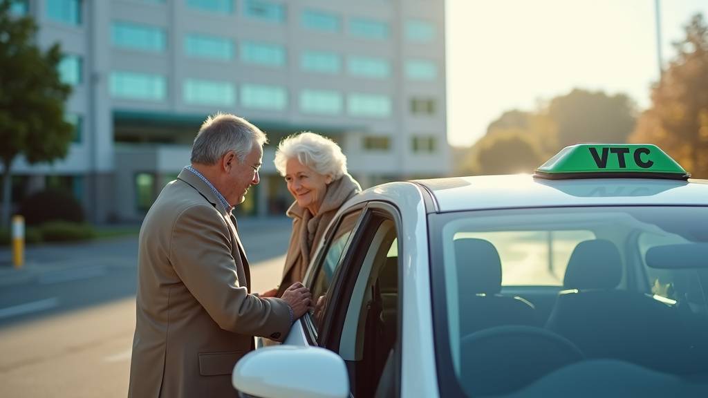 Chauffeur de taxi conventionné aidant un patient à descendre du véhicule