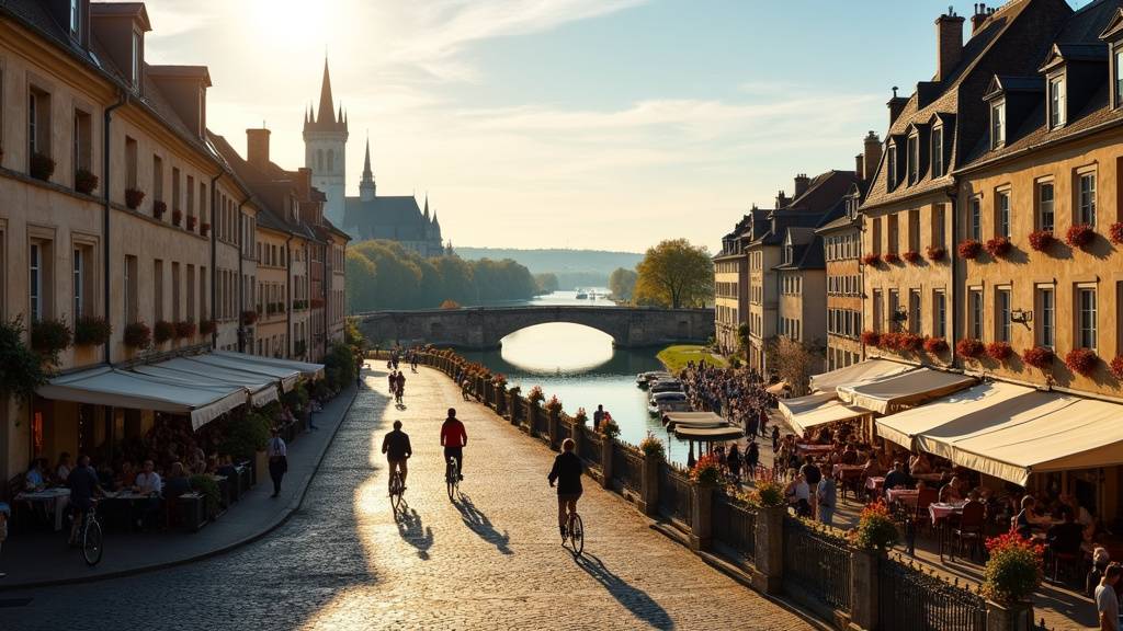 Vue aérienne de la ville de Tours avec le fleuve Loire au centre et les quartiers historiques en arrière-plan