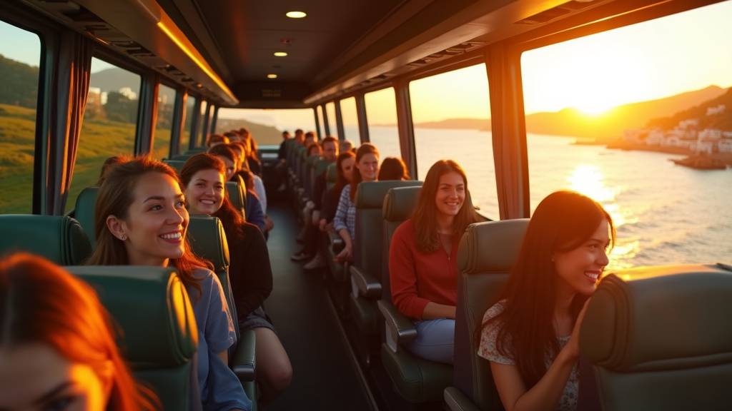Autocar de tourisme moderne avec passagers confortables et paysages montagneux en arrière-plan