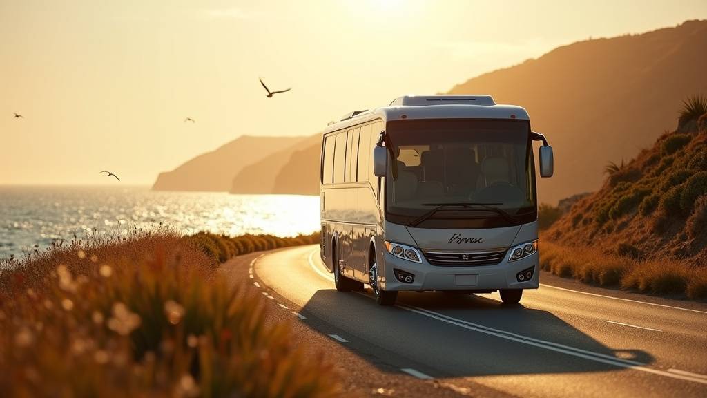 Autocar de tourisme moderne dans un paysage rural ensoleillé en 2026